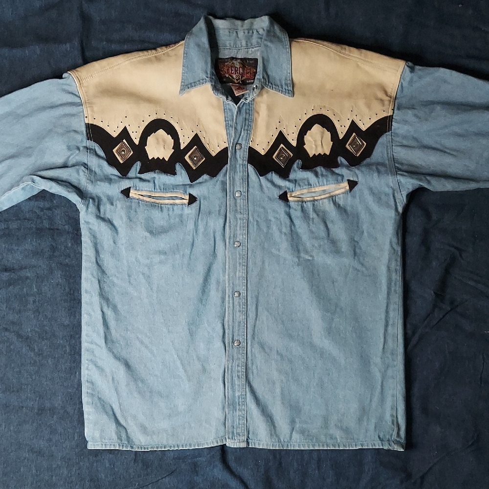 Vintage 1970s RIVER GOLD Western Shirt with Cream Leather Yoke - L